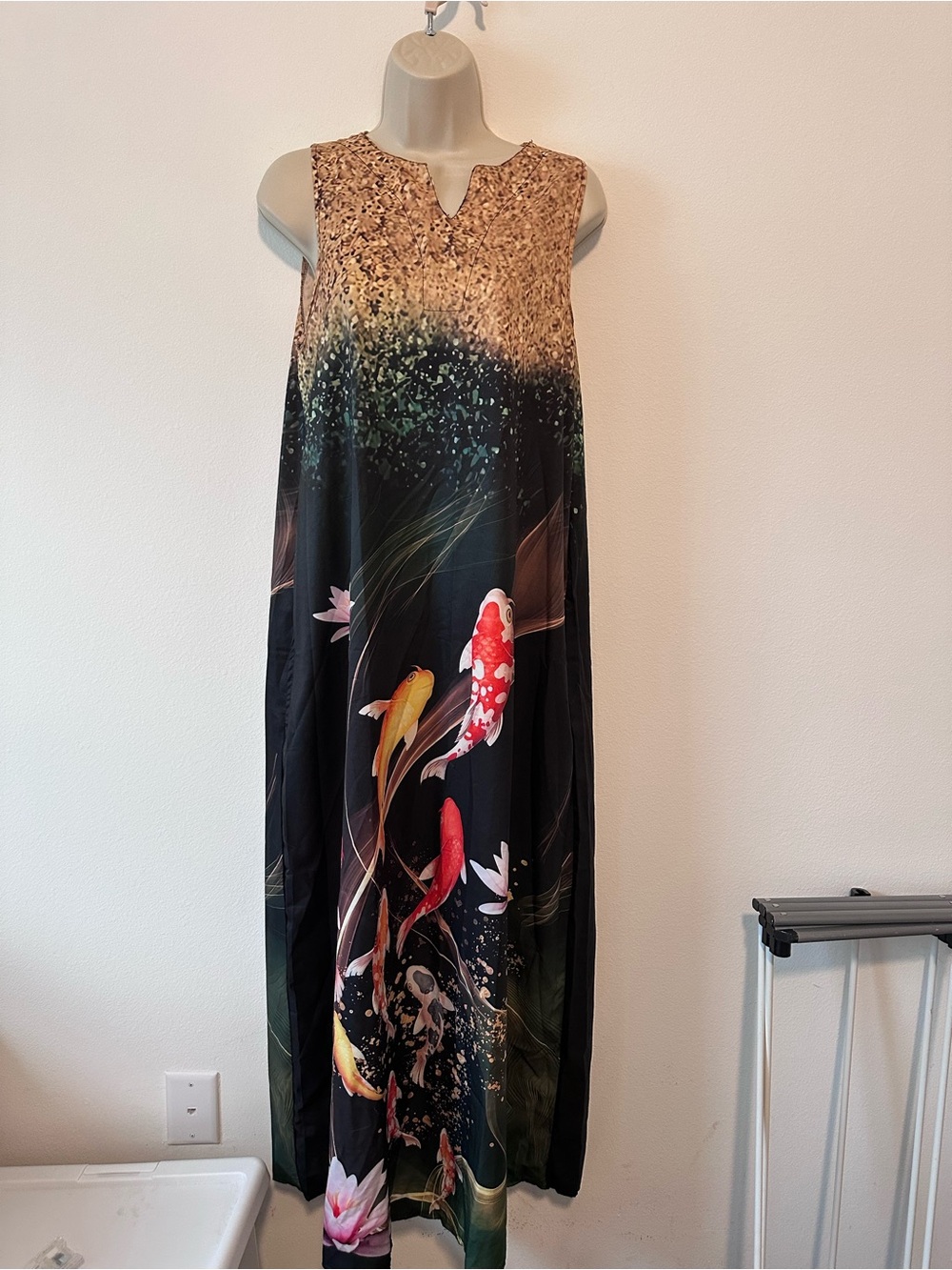 Koi Print Sleeveless Maxi Dress in Black and Gold